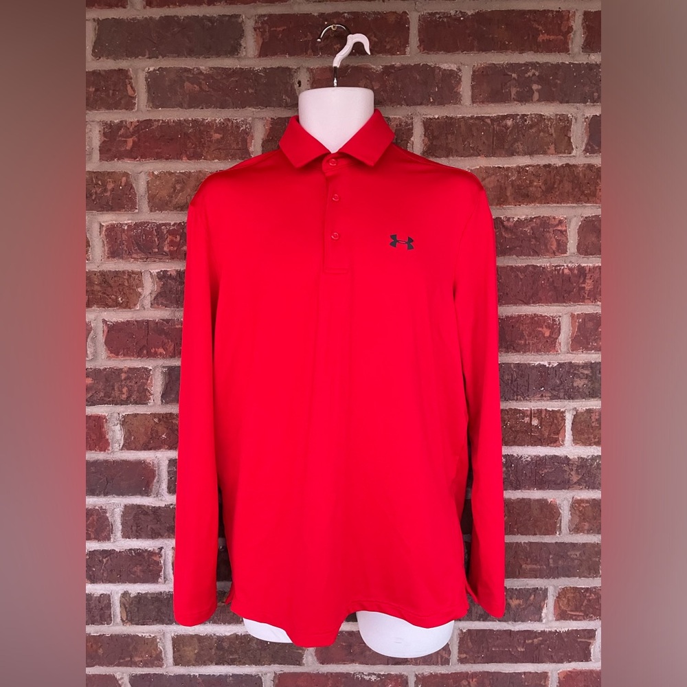 Men’s Red Under Armour Long Sleeve Stretch Polo Style Top Size Medium Loose Fit